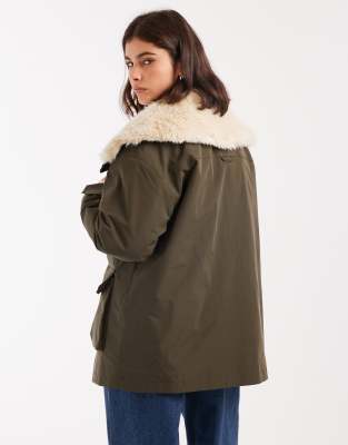Asos Design Borg Collar Mid Length Parka In Green