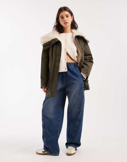 ASOS DESIGN borg collar mid length parka in khaki, 3 of 4