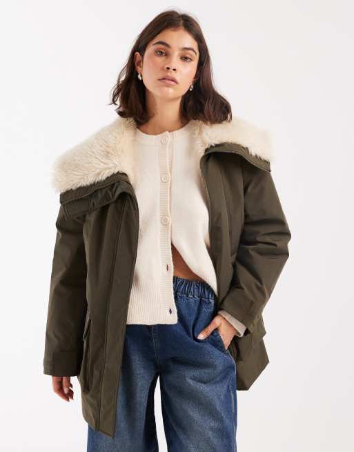 ASOS DESIGN borg collar mid length parker in khaki