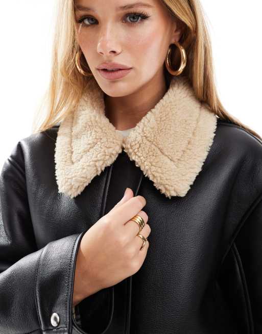 ASOS Design borg collar oversized flight jacket in Black