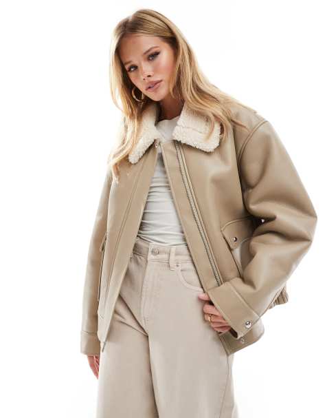 ASOS DESIGN borg collar oversized flight jacket in cream - view 1