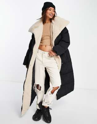 ASOS DESIGN borg collared belted maxi puffer jacket in black - ASOS Price Checker