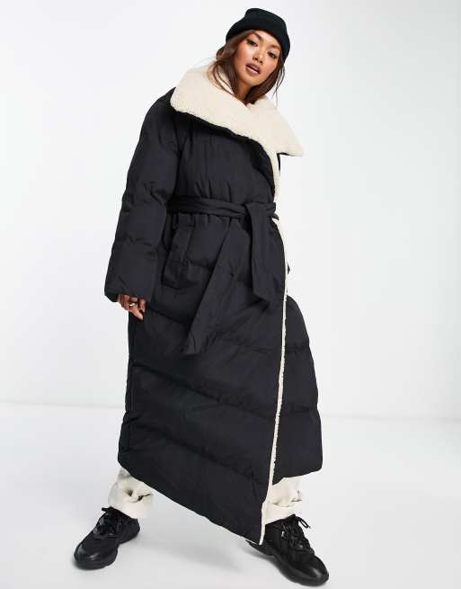 ASOS DESIGN borg collared belted maxi puffer jacket in black