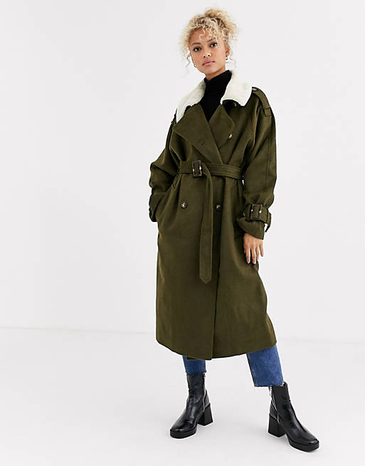 ASOS DESIGN borg collared coat in khaki | ASOS
