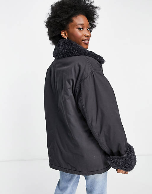 Women borg collared cotton jacket in charcoal 