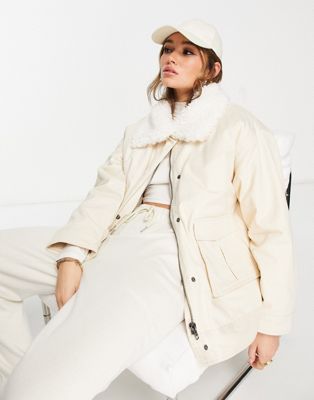 ASOS DESIGN borg collared cotton puffer jacket in cream - ASOS Price Checker
