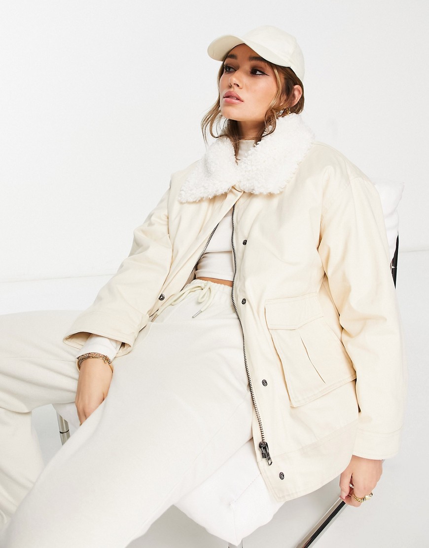ASOS DESIGN borg collared cotton puffer jacket in cream-White