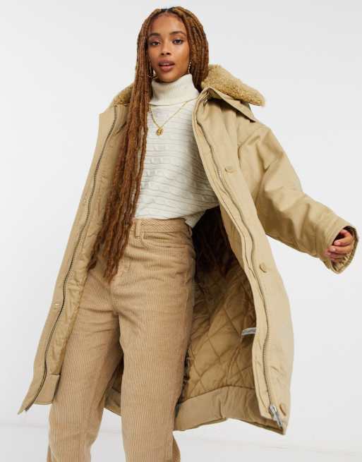 ASOS DESIGN borg collared oversized parka in camel