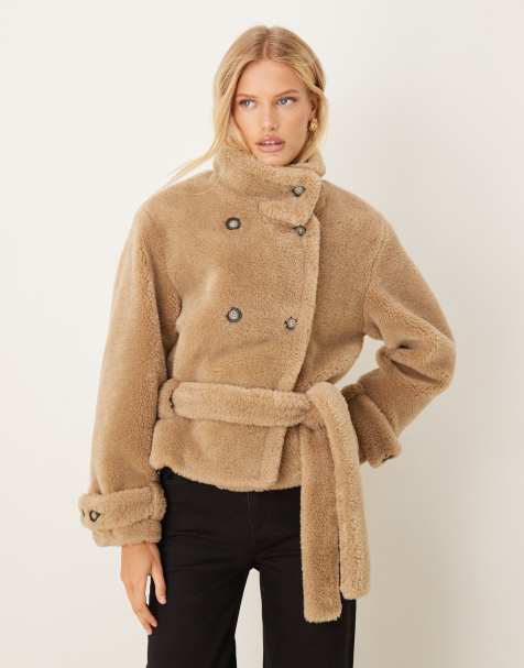 ASOS DESIGN borg cropped trench coat in oatmeal - view 1