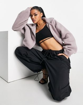 ASOS DESIGN borg cropped zip through fleece with batwing sleeve in taupe