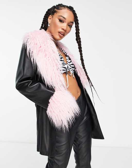 Black leather jacket 2025 with pink fur