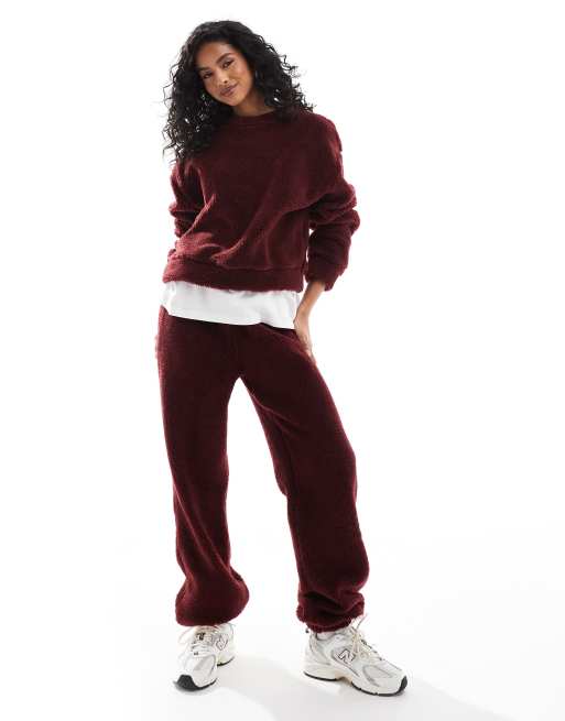 ASOS DESIGN borg cuffed trackies in burgundy (part of a set)