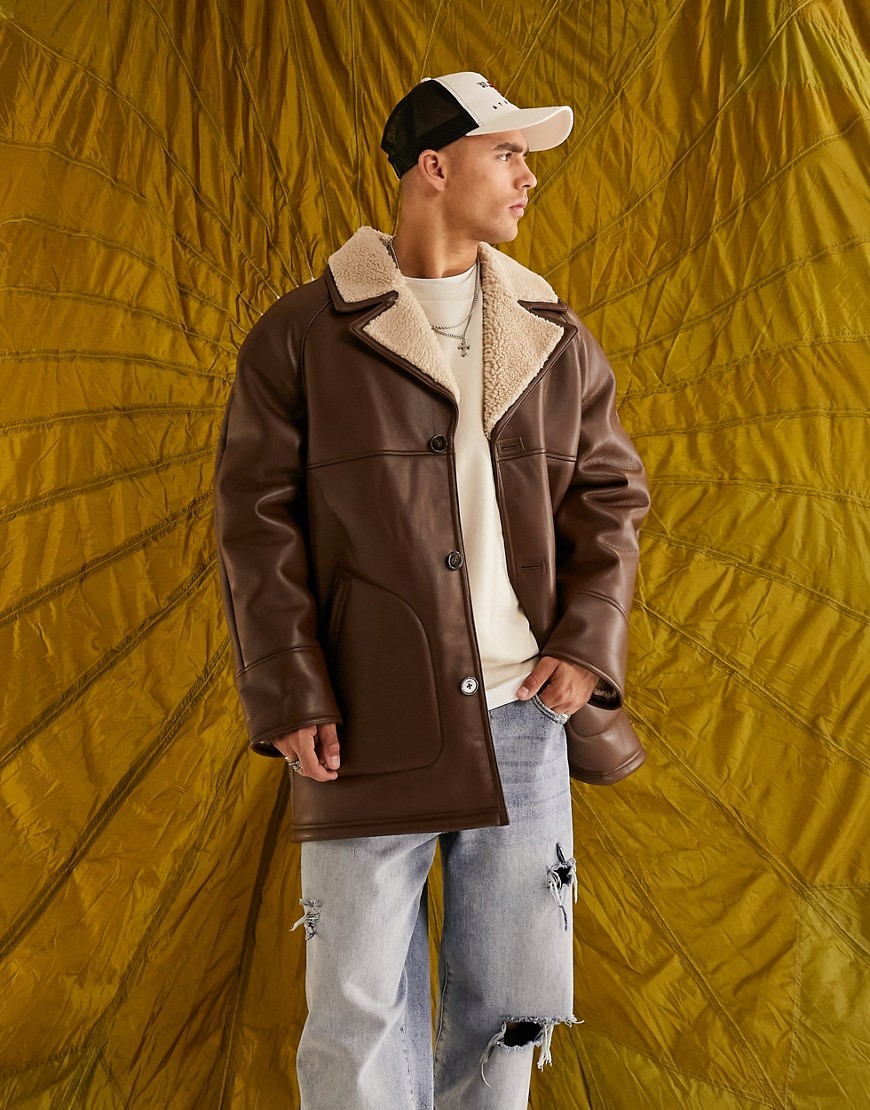 ASOS DESIGN borg dellboy jacket in brown with contrast collar
