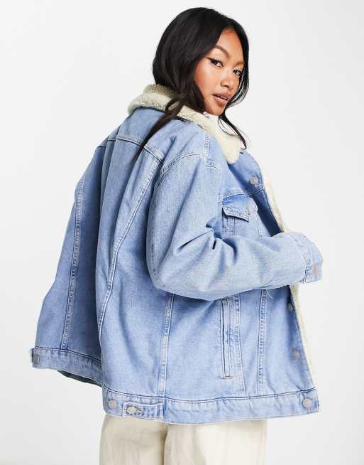 ASOS DESIGN Curve borg fleece lined denim jacket in washed blue