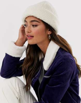 ASOS DESIGN borg fisherman beanie hat-Cream