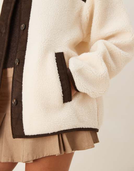 ASOS DESIGN borg fleece cardigan with chocolate cord trim in cream, 3 of 4