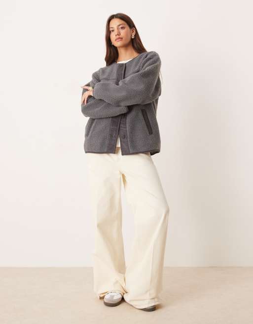 ASOS DESIGN borg fleece cardigan with cord trim in charcoal, 2 of 4