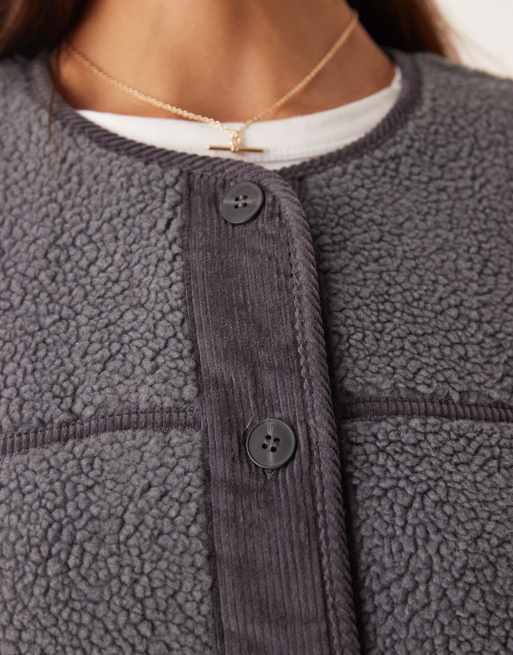 ASOS DESIGN borg fleece cardigan with cord trim in charcoal, 3 of 4