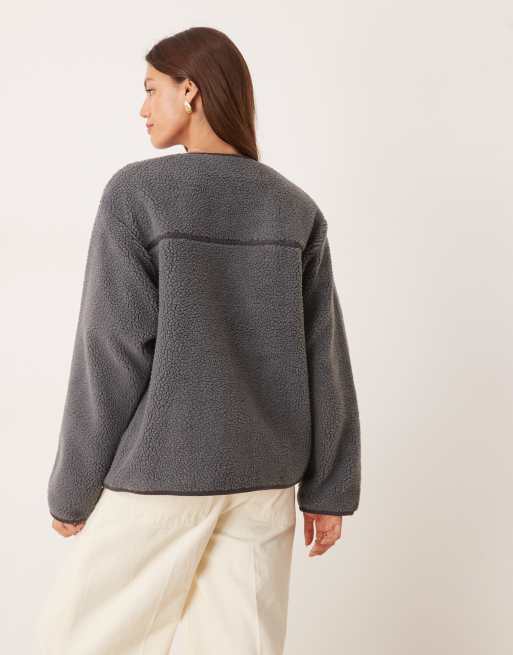 ASOS DESIGN borg fleece cardigan with cord trim in charcoal, 4 of 4