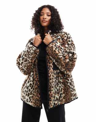 borg fleece coat in leopard print-Multi