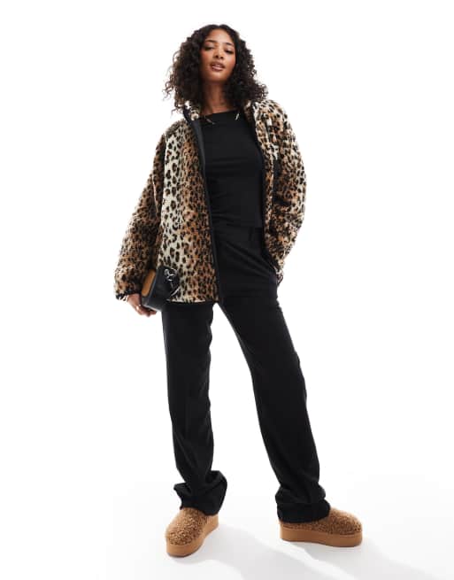 Borg Fleece Leopard Fleece Jacket Cream Leopard Print Borg Half