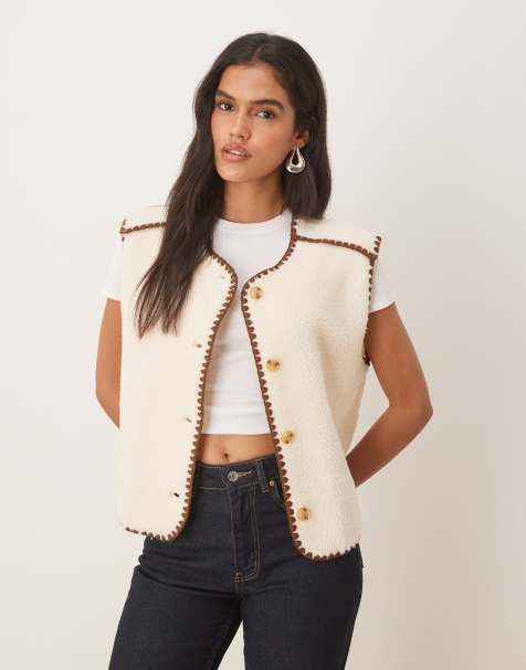 ASOS DESIGN borg fleece gilet with blanket stitch in cream and brown - view 1