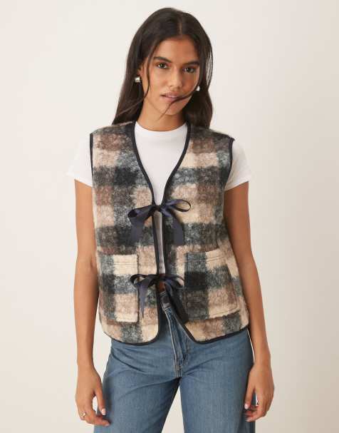 ASOS DESIGN borg fleece gilet with check design and bow design - view 1