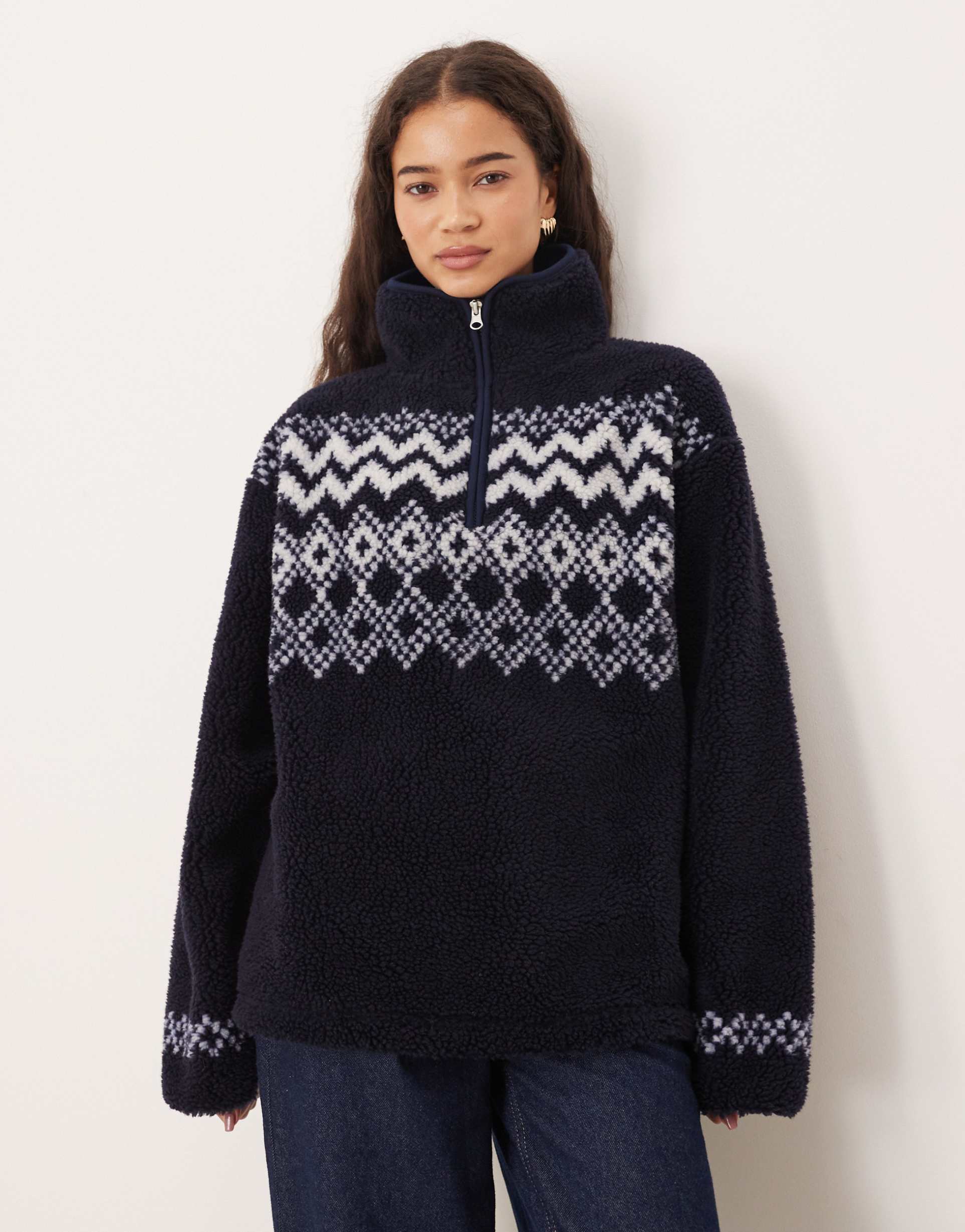 asos design borg fleece half zip with placement fairisle in navy