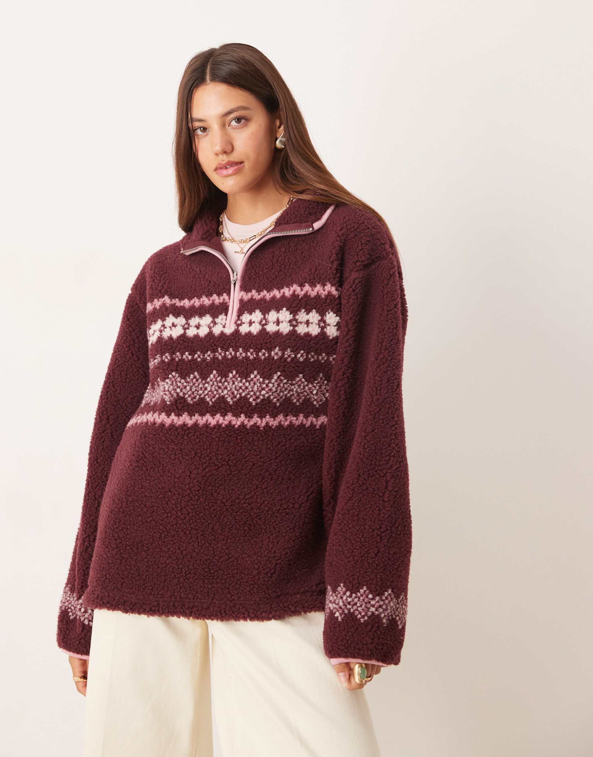 asos design borg fleece half zip with placement fairisle in plum and pink