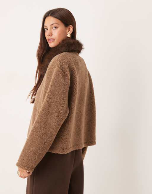 ASOS DESIGN borg jacket with leopard faux fur collar