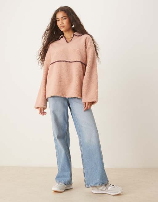 ASOS DESIGN borg fleece pullover sweat with blanket stitch detail in burgundy and pink, 2 of 4