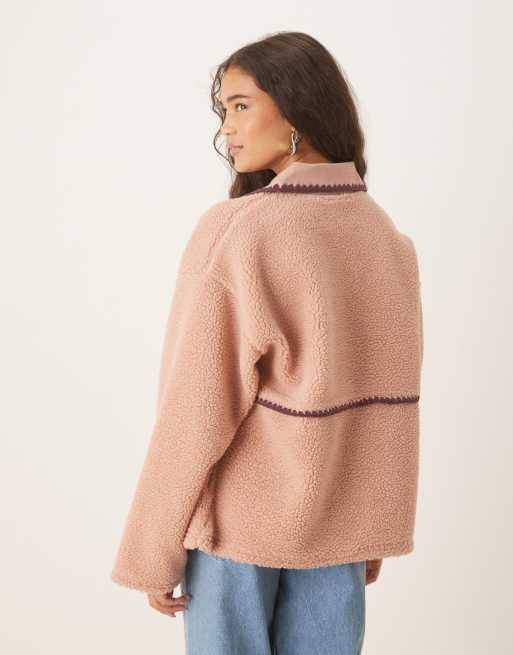 ASOS DESIGN borg fleece pullover sweat with blanket stitch detail in burgundy and pink, 3 of 4