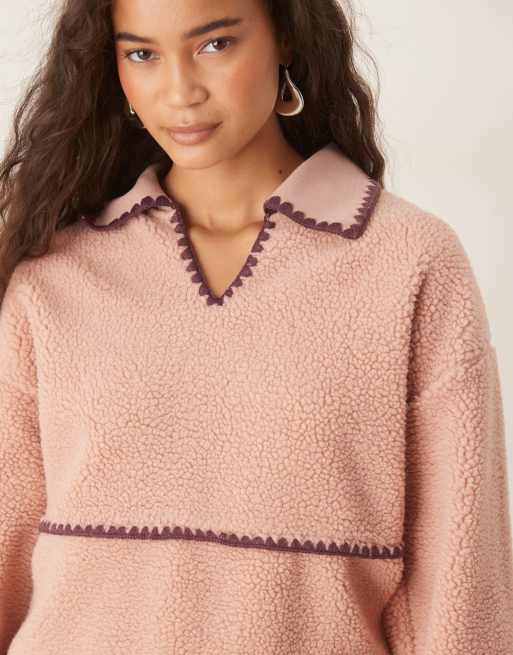 ASOS DESIGN borg fleece pullover sweat with blanket stitch detail in burgundy and pink, 4 of 4