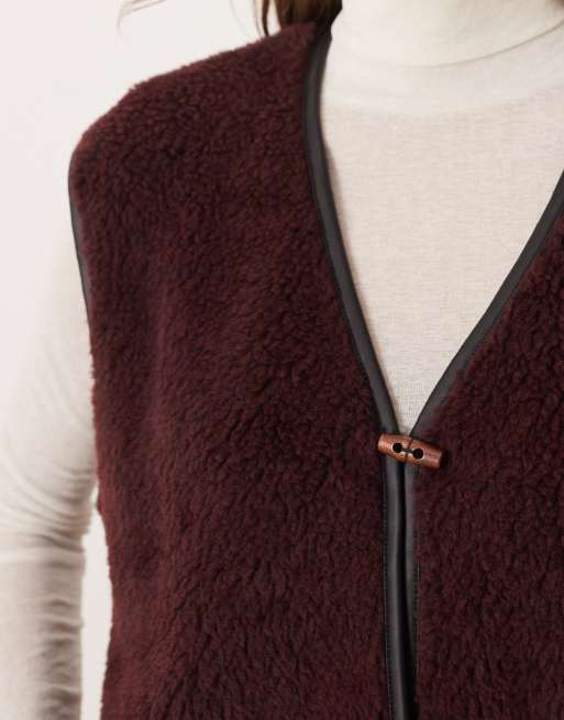 ASOS DESIGN borg fleece v neck vest with contrast binding in burgundy, 4 of 4