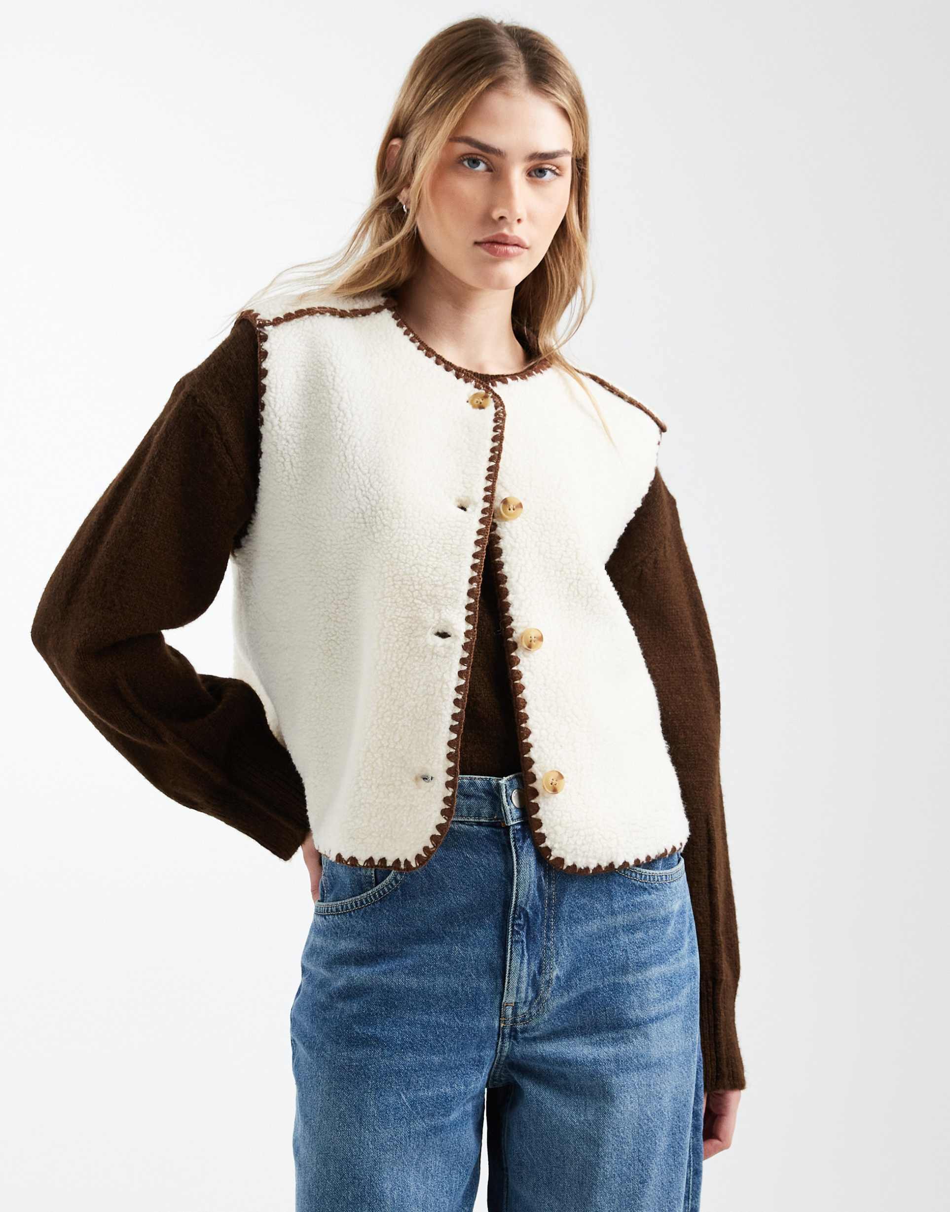 asos design borg fleece vest with blanket stitch in cream and brown