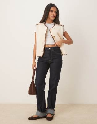 Asos Design Borg Fleece Vest With Blanket Stitch In White