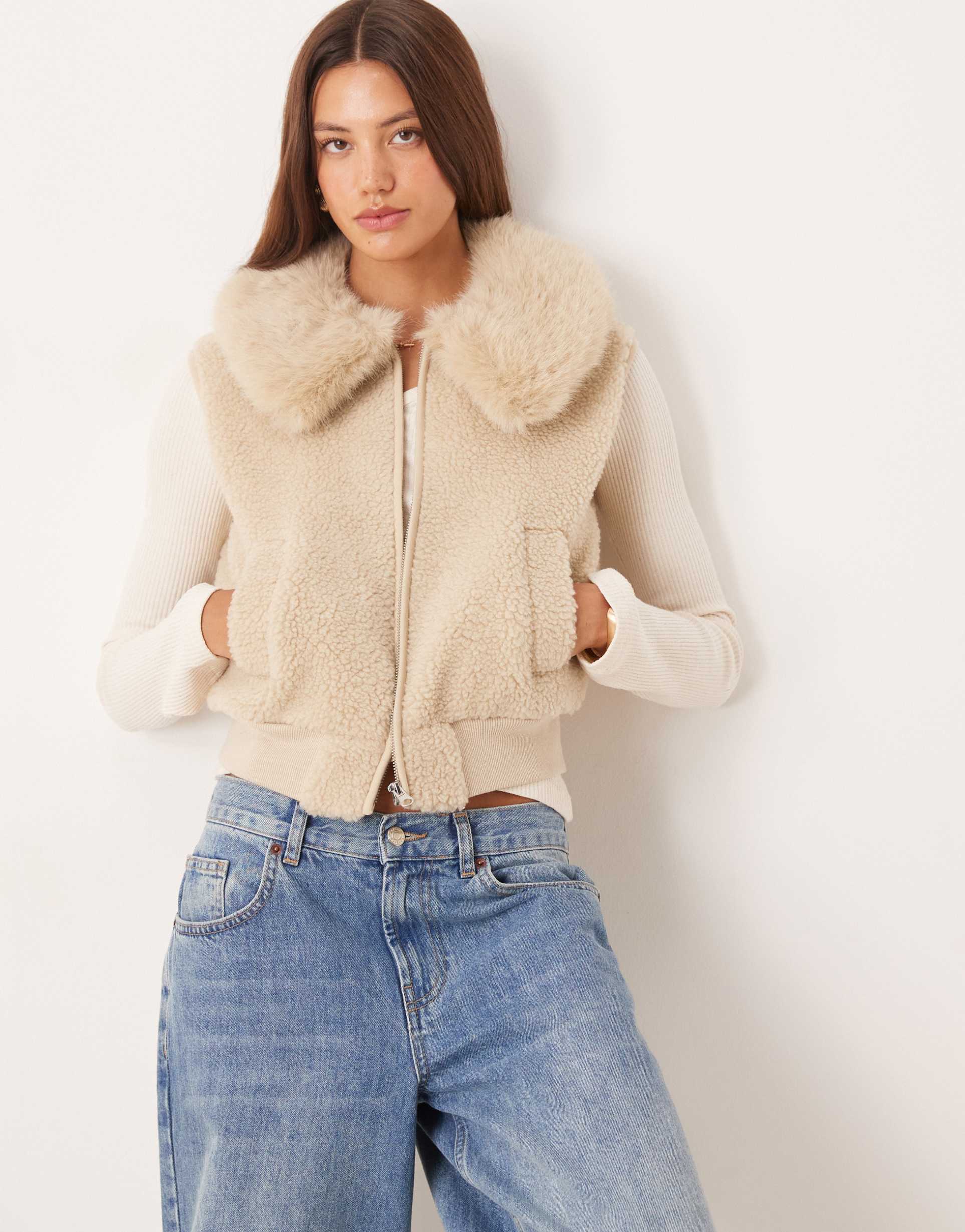 asos design borg fleece vest with faux fur collar