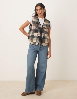 Asos Design Borg Fleece Vest With Plaid Design And Bow Design-multi In Animal Print