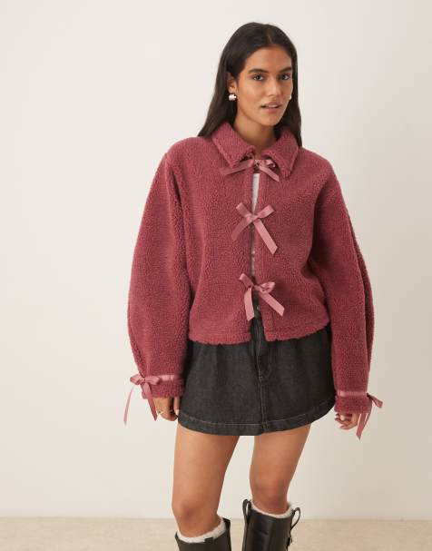 ASOS DESIGN borg fleece with bow tie front in dark rose - view 1