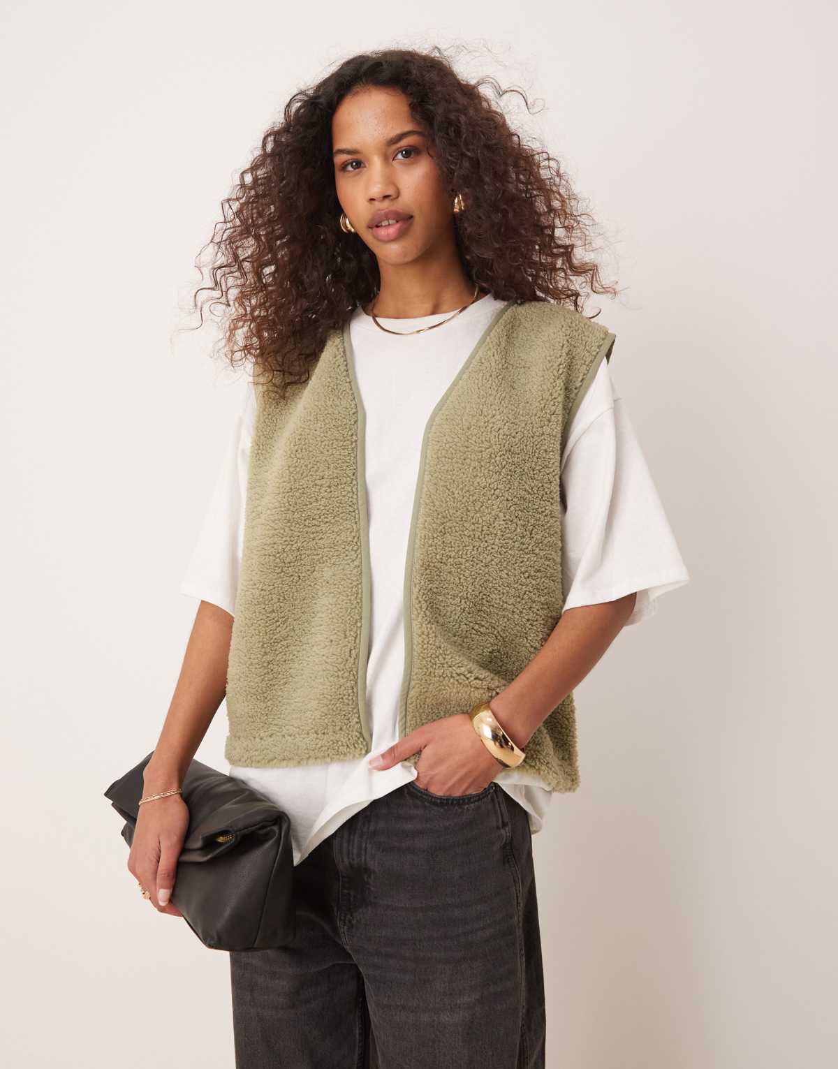 ASOS DESIGN borg gilet with binding in sage green