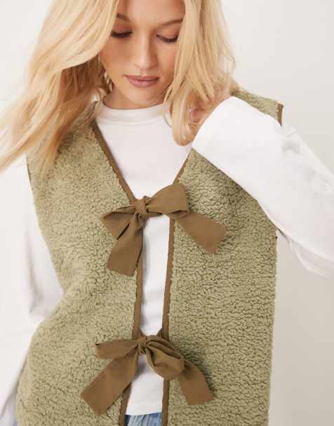 ASOS DESIGN borg gilet with bow tie details in sage green - view 1