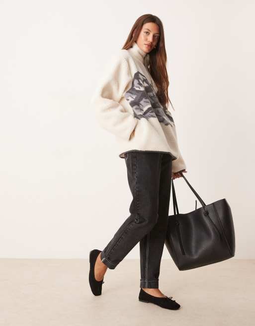 ASOS DESIGN borg half zip fleece with placement mountain print in cream and gray