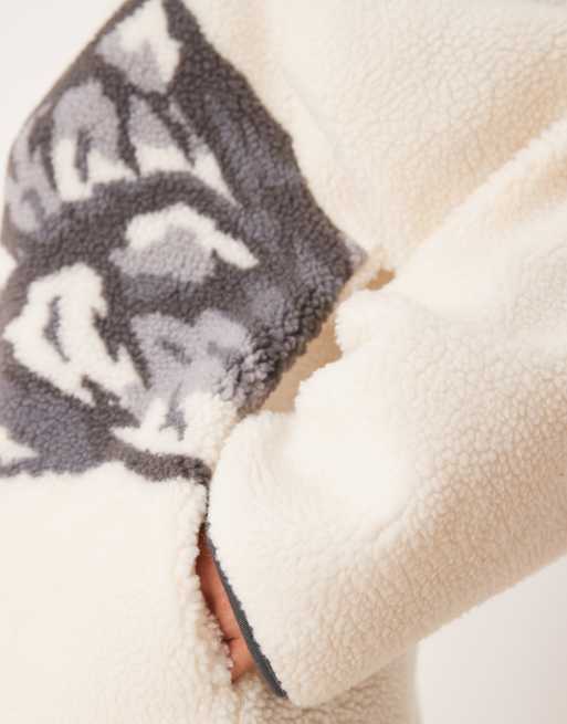 ASOS DESIGN borg half zip fleece with placement mountain print in cream and gray