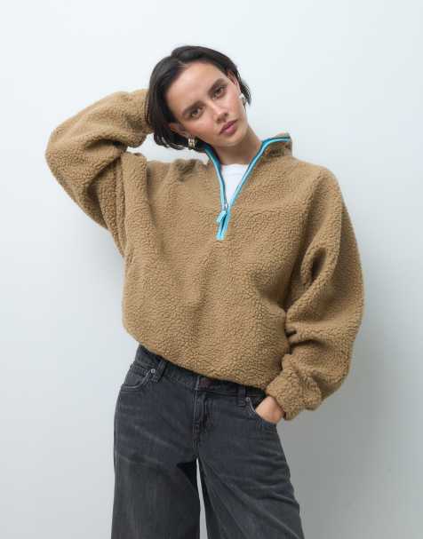 ASOS DESIGN borg half zip with contrast binding in beige and blue - view 1