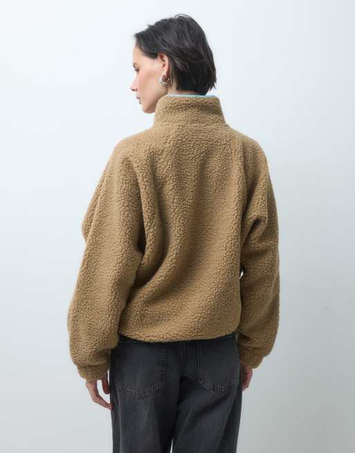 ASOS DESIGN borg half zip with contrast binding in beige and blue, 2 of 4