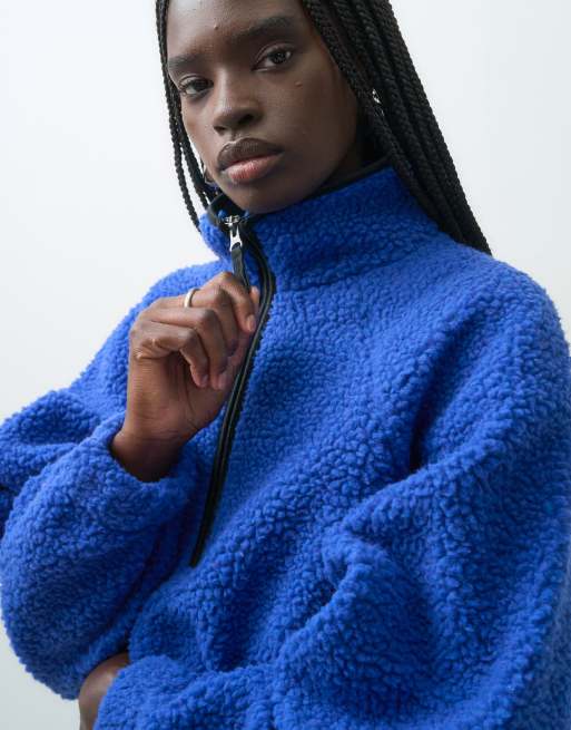 ASOS DESIGN borg half zip with contrast binding in blue and black, 4 of 4