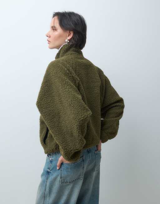 ASOS DESIGN borg half zip with contrast binding in khaki, 2 of 4