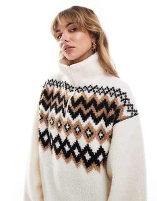 borg half zip with fairisle design-Multi