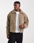 [ASOS DESIGN] ASOS DESIGN borg harrington jacket in stone-Green L STONE