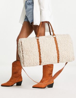ASOS DESIGN borg holdall in beige and tan mix